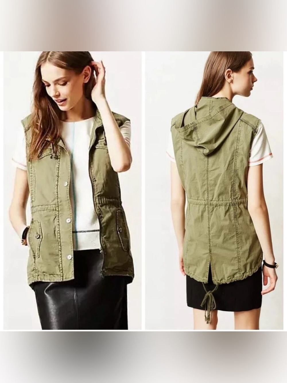 Anthropologie Marrakech Sleeveless Hooded Utility Vest in Olive Size small